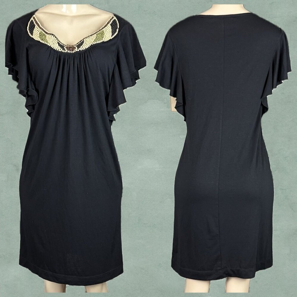 Jonathan Martin 8 Black Scoop Beaded Neck Short Flutter Sleeve Above Knee Dress
